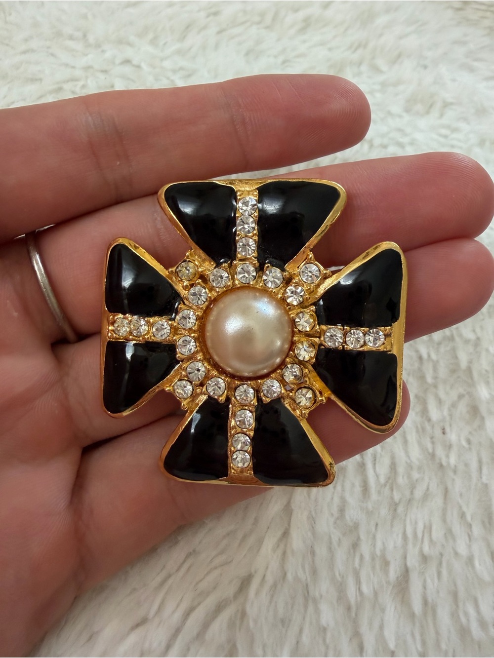 CHANEL Gold-Tone Black Enamel Brooch with Pearl & Crystal Accents